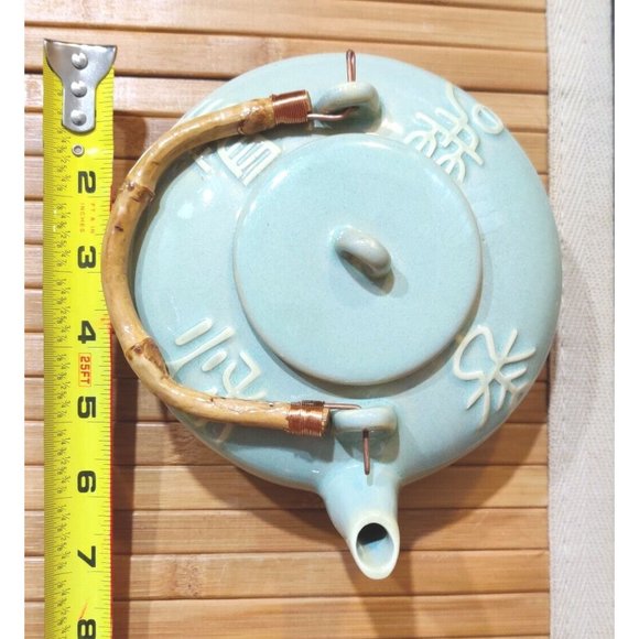 Vintage Mint Green Teapot Asian Japanese Chinese Archaic Calligraphy Writing - Picture 10 of 12